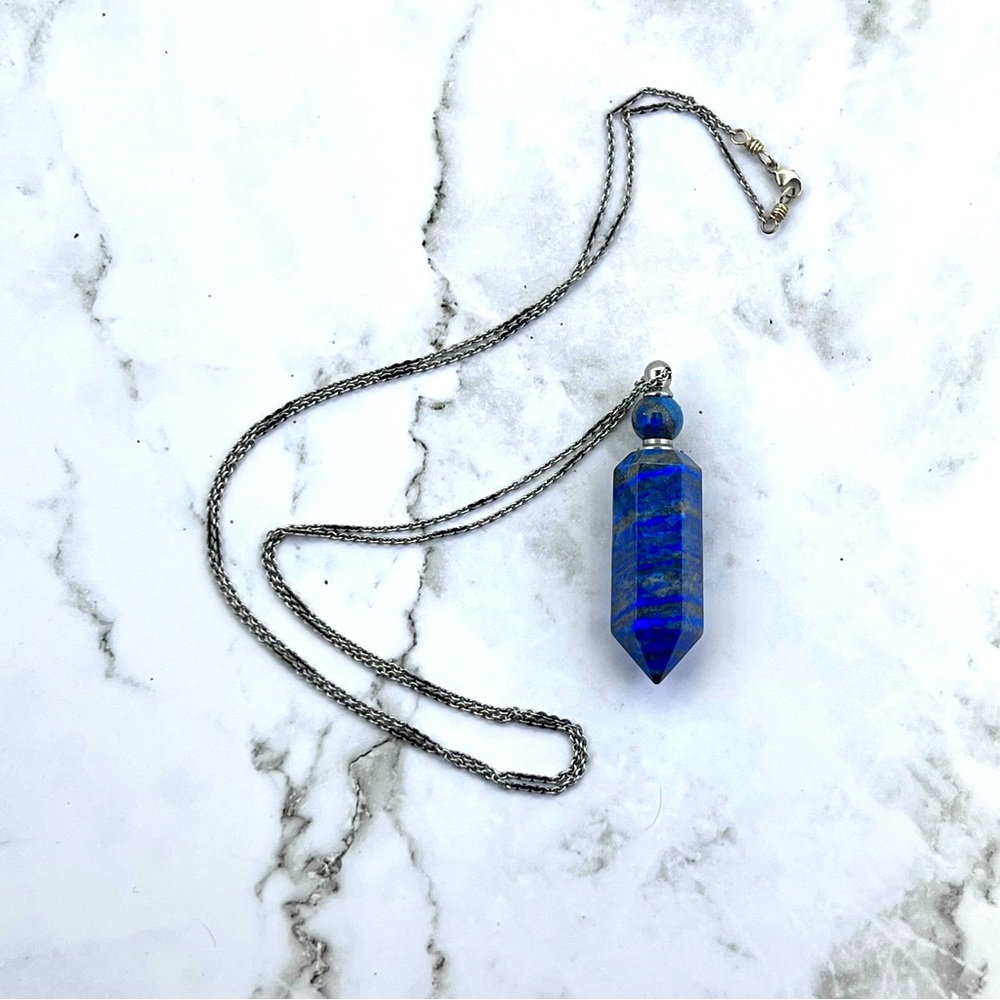36 Inch Hexagon Natural Stone Perfume Blue Necklace